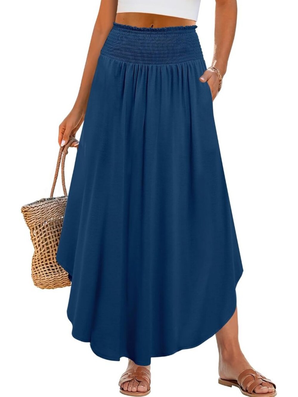 Women's Blue Boho High Waisted Smocked Flowy Pocket Pull On Maxi Skirt